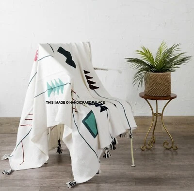 Tufted Throw Sofa Hand Loom Cotton Blanket Indian Bed Couch Tassel Throw White - Image 1 of 4