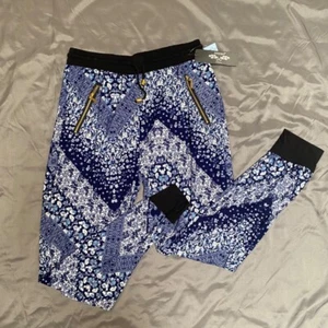 Women's Small Blue Floral Pattern Jogger Pants Drawstring with Pockets With Tags - Picture 1 of 8