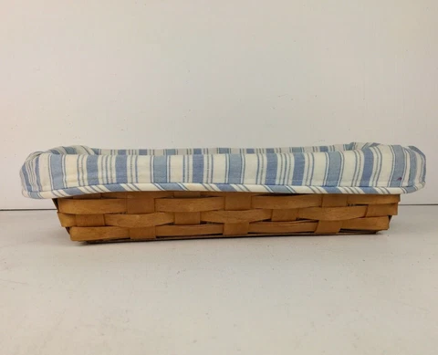 Longaberger Basket Rectangle Leather Handles Blue White Stripe Fabric Liner Cover