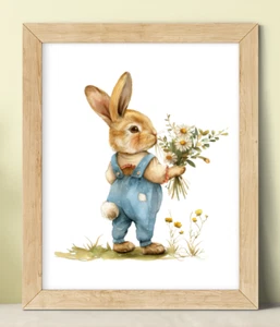 Kinderzimmer Kunstdruck, Hase mit Blumen Wandbild, neutraler Kinderzimmer Kunstdruck - Bild 1 von 2