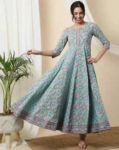 Indian Women Cotton Blue Floral Printed Anarkali Flared Kurta Kurti Long Dress - Bild 1 von 7