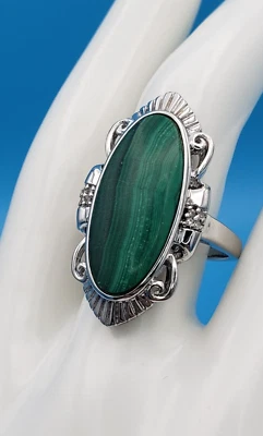 Malachite Southwestern Style Filigree Sterling Silver Ring Size 9.5 - Image 1 of 4