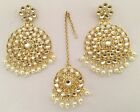 Indian Bridal Maang Tikka Earrings Set Pearl Polki Cz Gold Tone Jewelry M-92