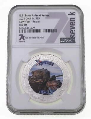 2021 Islas Cook S$5 US Animal Nueva York 1 Oz. Castor NGC MS-70 - Imagen 1 de 3