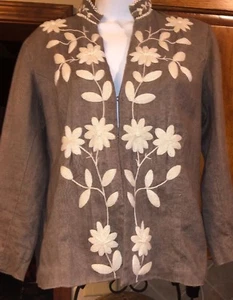 Chaqueta Blazer Chicos Marrón Lino Mangas 3/4 Flores Bordadas con Perlas Talla 0 - Imagen 1 de 11