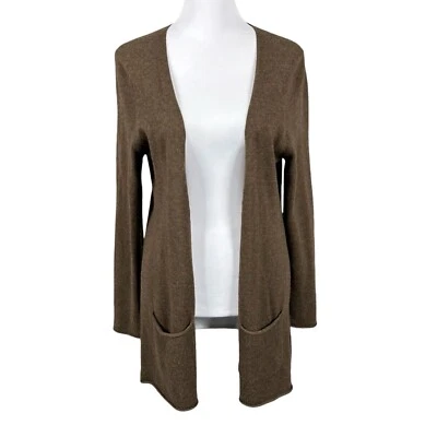 Cárdigan tejido con dobladillo enrollado frontal abierto 100 % cachemir marrón Cullen M bolsillos suéter Foto 1 de 4