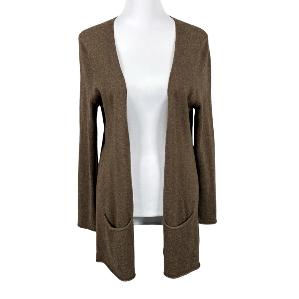 Cárdigan tejido con dobladillo enrollado frontal abierto 100 % cachemir marrón Cullen M bolsillos suéter Foto 1 de 4