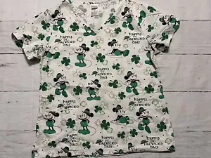 Disney Mickey Mouse St Patricks Day Scrub Top Womens Medium V Neck Green Lucky - Picture 1 of 10