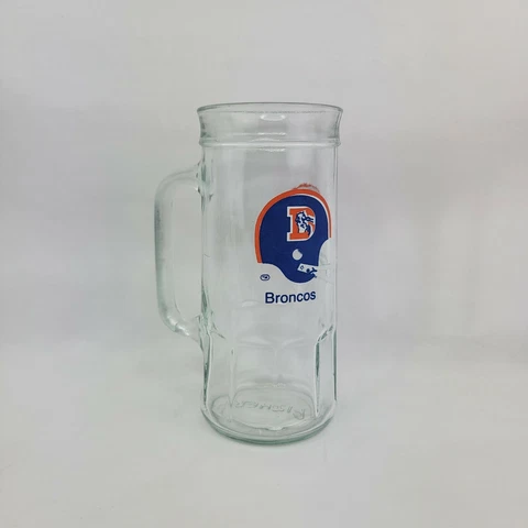 Denver Broncos Fisher Nuts Glass Mug vintage 1980s 7" tall Cover