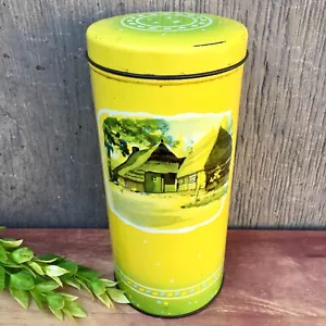 VTG BOSSCHER BESCHUIT ZUIDWOLDE Olde Country Tin Canister Farm Scenes Yellow 9” - Picture 1 of 11