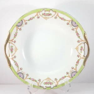 Antique Hand-Painted Nippon Serving Bowl 9.25in White Green Gold Pink Floral - Picture 1 of 10