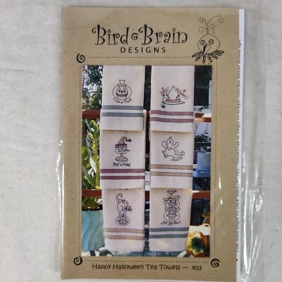 Happy Halloween Tea Towels Seasonal Holiday Stitchery Stitching Template 3" x 5" - Image 1 of 4