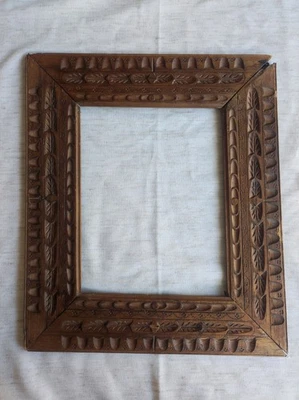 Ancien Cadre Art populaire bois sculpté feuillure 27 cm x 21 cm frame peinture - Photo 1/4