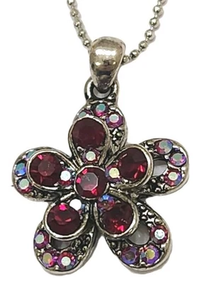 Cookie Lee Signed Red Rhinestone Floral Flower Silver Ball Bead Chain Necklace - Image 1 of 4