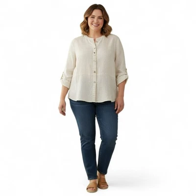 Top túnica de lino natural JM Collection 18W botones delanteros mangas lengüeta enrollable beige Foto 1 de 4