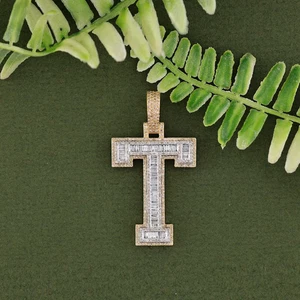 14K Yellow Gold Plated Lab Created Diamond "T" Initial Charm Pendant - 1.87 CTW - Picture 1 of 7
