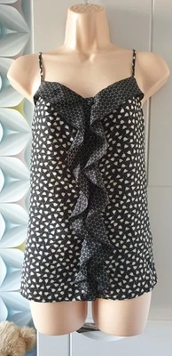 New OASIS Black & Beige Floral STRAPPY CAMISOLE TOP BLOUSE Size 12 RUFFLE FRONT - Image 1 of 4