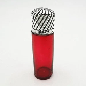 VICTORIAN SCENT BOTTLE STERLING SILVER MOUNTED CRANBERRY GLASS 1890 May & Sons - Picture 1 of 8