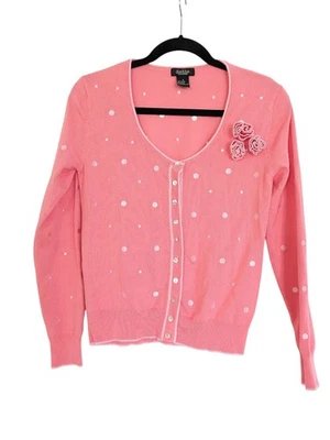 PECK & PECK COLLECTION Women's S Sweater Cardigan Pink Polka Dot Rosettes ** - Image 1 of 4