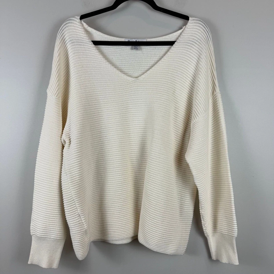 Suéter Tommy Bahama Mujer Marfil Talla L Tejido Acanalado Brillante Minimalista Preppy Salón Foto 1 de 4