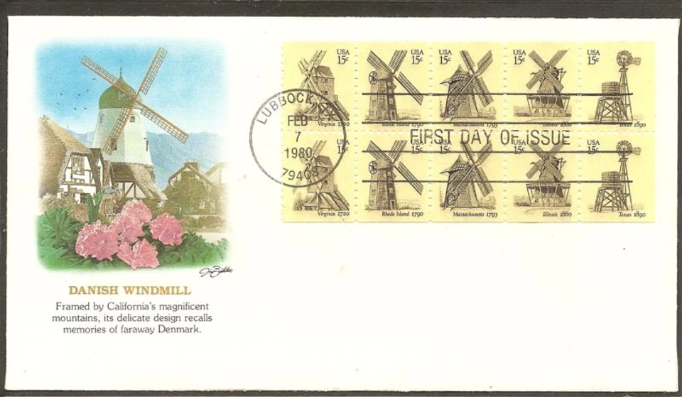 US SC #1742a Danish Windmills FDC.  pane of 10,  Fleetwood Cachet - Image 1 of 1