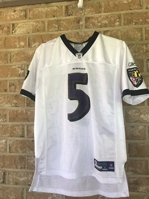 青年 Reebok NFL 巴尔的摩乌鸦队 Joe Flacco 5 号球衣白色/紫色 L 码 — 第 1/4 张图片
