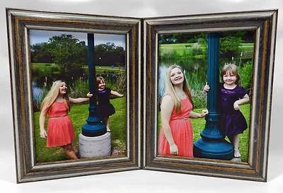 Marco de fotos doble con bisagras 8x10 marrón con madera horizontal vertical negra nuevo Foto 1 de 4