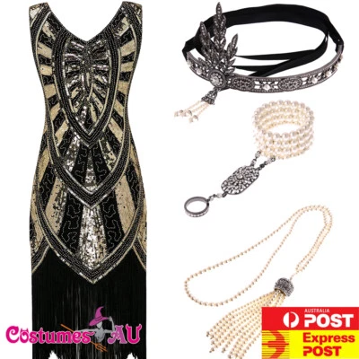 Deluxe Ladies 20s 1920s Roaring Flapper Costume Gold Sequin Gatsby Fancy Dress - Image 1 of 4