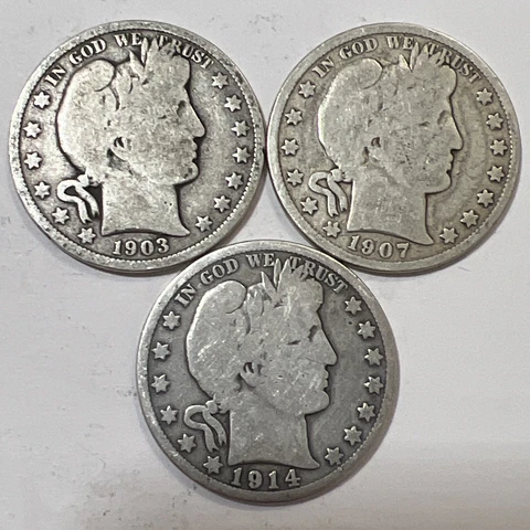 1903-O 1907 1914-S Barber Half Dollars -3 DIFFERENT Silver USA 50c Type Coins L5 Cover
