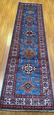 Alfombra de corredor kazajo afgano anudada a mano azul 3x10 Foto 1 de 4
