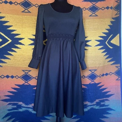 VTG Mod Black Polyester Eyelet Lace Waist Dress. Long Sleeves. Flare Skirt. S/M. - Image 1 of 4