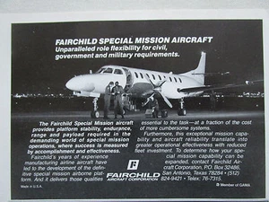 9/1986 PUB FAIRCHILD CORPORATION SPECIAL MISSION AIRCRAFT SWEARINGEN ORIGINAL AD - Imagen 1 de 1