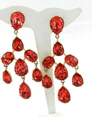 Pendientes con clip Oscar De La Renta tono dorado rosa salmón araña cristal NUEVO Foto 1 de 4