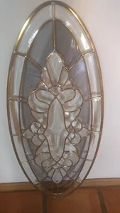 ANTIQUE LEADED BEVELED ETCHED GLASS OVAL WINDOW W/BRASS PATTERN 37.5X15 - Picture 1 of 7