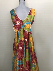 VTG 70s Psychedelic Bow Train Maxi Dress Sz Medium - Picture 1 of 12