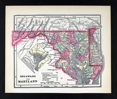 Mapa Morse 1857 Washington DC Maryland Delaware Baltimore Annapolis Dover MD DE Foto 1 de 4