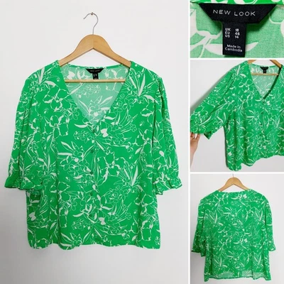 New Look Green White Floral Button Front Cropped Shirt Top Blouse Size UK 18 - Image 1 of 4