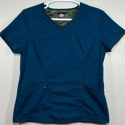 Dickies Scrub Top Womens L Teal VNeck Camo Trim Pocket Medical Work Stretch - Image 1 of 4