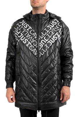 Just Cavalli Men's Black Logo Print Hooded Full Zip Parka Jacket US S IT 48 - Image 1 of 4