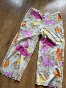 Chicos Size 3 Linen Pant Beige Pink Orange Yellow Wide Legs Back Elastic - Picture 1 of 8