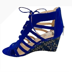 ¡Revolución! Sandalias de tacón de gladiador con cuña con cordones azul real talla 8,5 LEER - Imagen 1 de 10