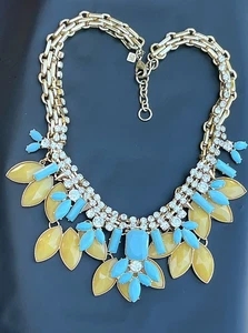 Banana Republic Blue/Yellow Crystal Statement Necklace Gold Tone Chain - Picture 1 of 14