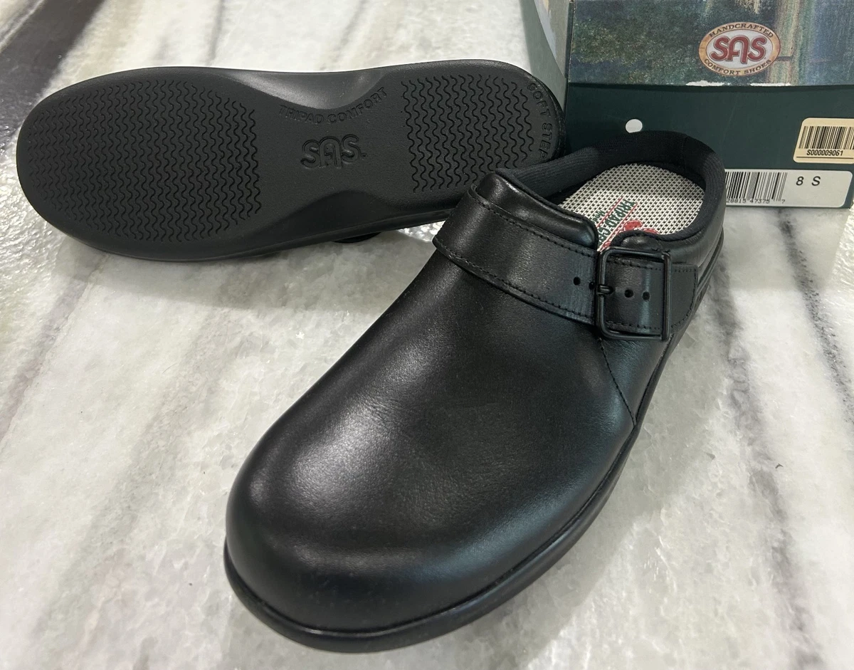 SAS Women's Clog Slip-Ons - Black Leather, Comfort Footbed, Adjustable Buckle, Made In USA