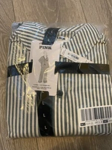 Conjunto de pijama rosa de franela larga a rayas blancas y azules talla L - Imagen 1 de 4