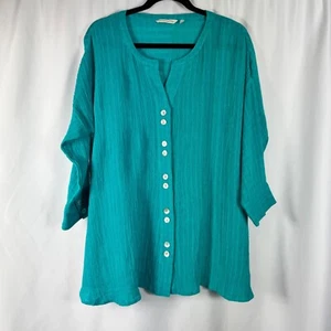 Soft Surroundings Gauzy Teal Button Front Tunic Top Linen Cotton Resort Beach M - Picture 1 of 9
