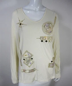 Dona Rosa Long Sleeve Blouse Top Crew Neckline XL Ivory Embroidered - Picture 1 of 10
