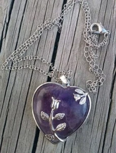 Purple Amethyst Heart Charm With Silvertoned Necklace 29" Vtg Contemporary - Picture 1 of 2
