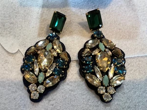 J.CREW Embroidered Sparkle Fabric Back Rhinestone STATEMENT Earrings Vtg RARE - Picture 1 of 18