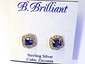 Tanzanite Sterling Silver Blue Stud Earrings Surrounded CZ Stones Brilliant NEW - Picture 1 of 12