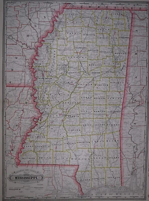 Antiguo mapa de ferrocarril y condado Cram's Atlas 1889 Lg (17"x23") ~ Mississippi ~ envío y devolución gratuitos Foto 1 de 4